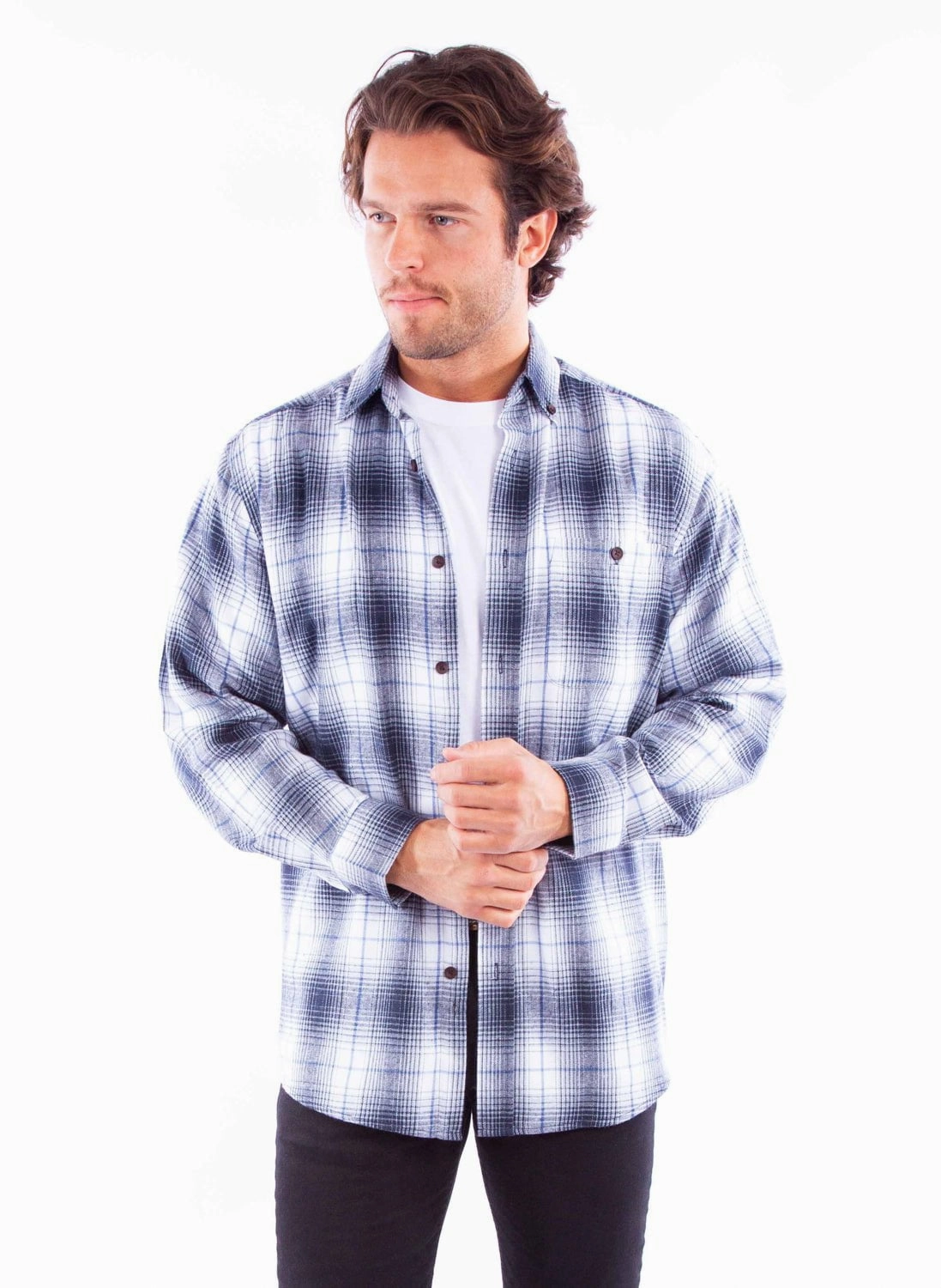 Patterned Design Scully Mens Flannel Plaid Blue/White 100% Cotton L/S Shirt