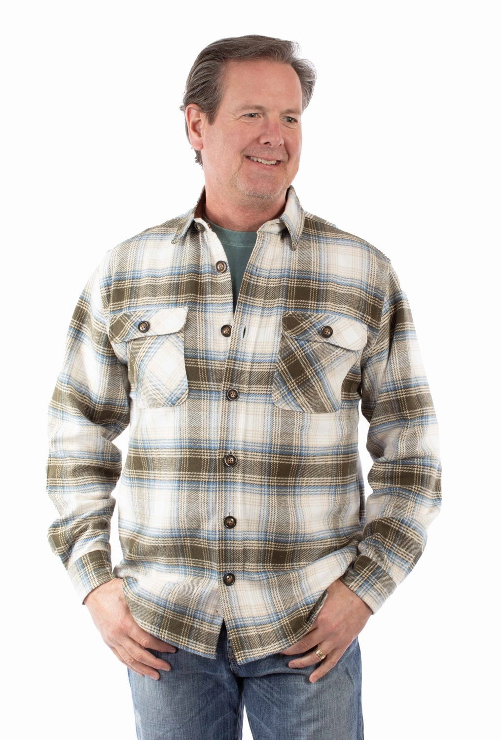 Breathable Cotton Scully Mens Flannel Plaid Olive 100% Cotton L/S Shirt