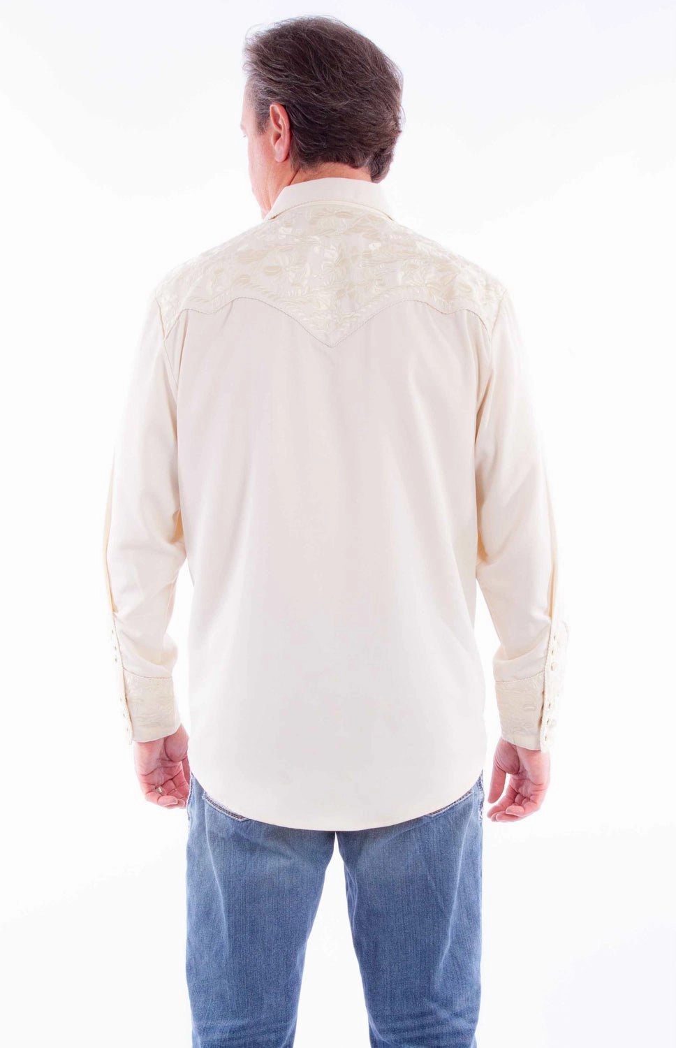 Scully Mens Floral Tooled Embroidery Ivory Poly/Rayon L/S Shirt Sporty Look Petite Cut