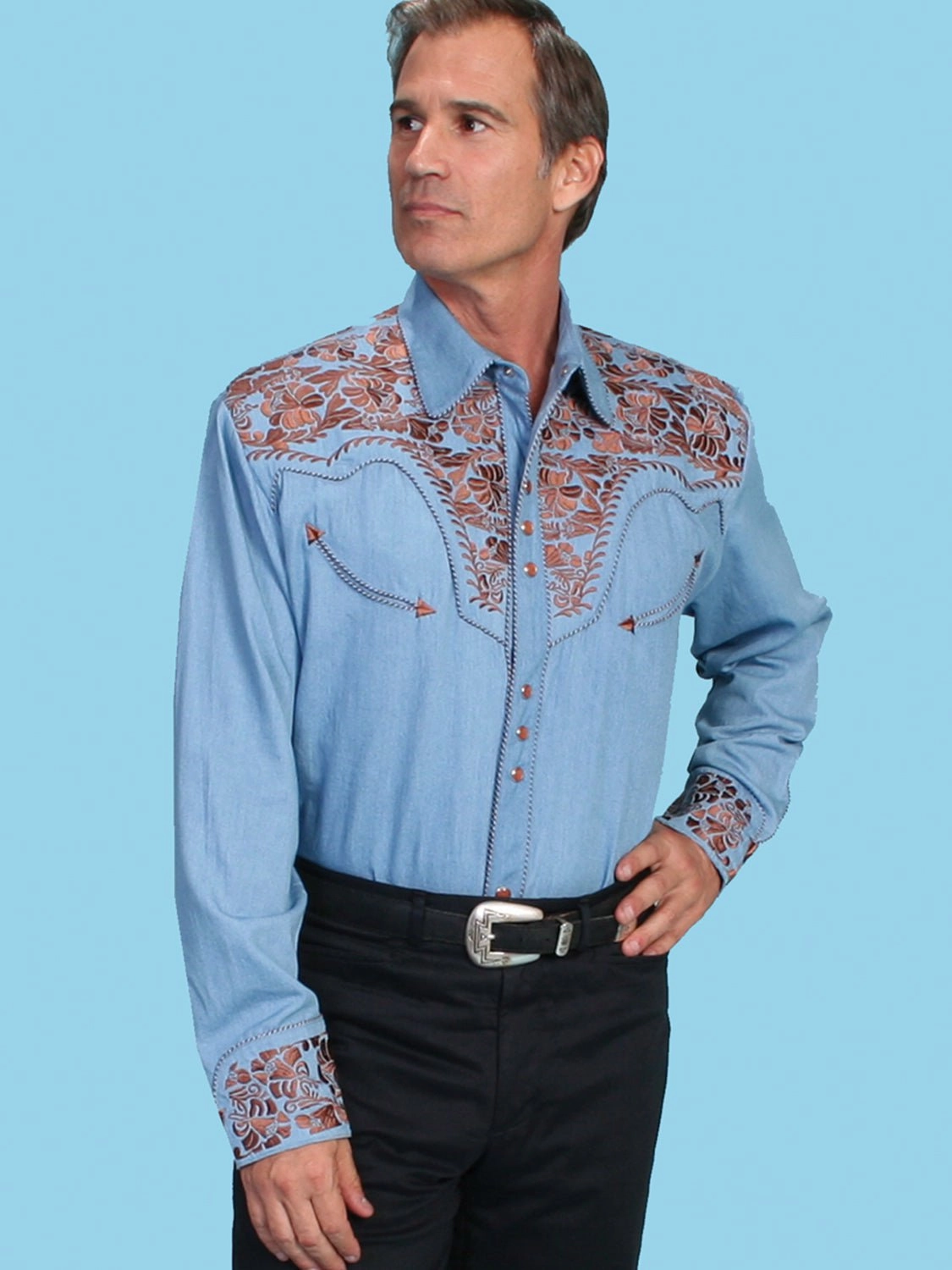 Petite Option Fast Drying Scully Mens Floral Tooled Embroidery Light Blue Poly/Rayon L/S Shirt