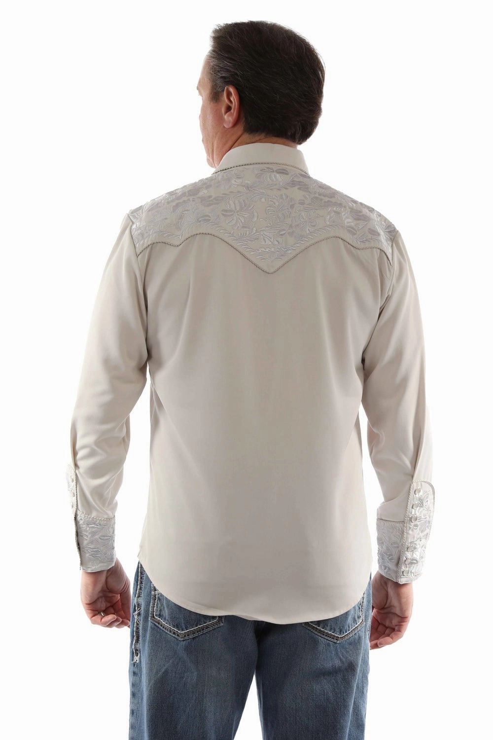 Eco Friendly Dye Durable Quality Scully Mens Floral Tooled Embroidery Light Grey Poly/Rayon L/S Shirt