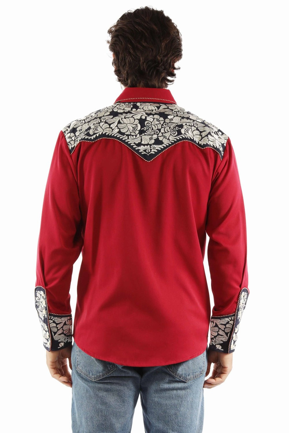 Subtle Details Long Sleeve Scully Mens Floral Tooled Embroidery Red/White/Blue Poly/Rayon L/S Shirt