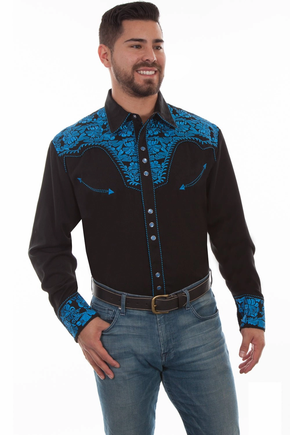 Scully Mens Floral Tooled Embroidery Royal Poly/Rayon L/S Shirt Round Collar Layering Essential
