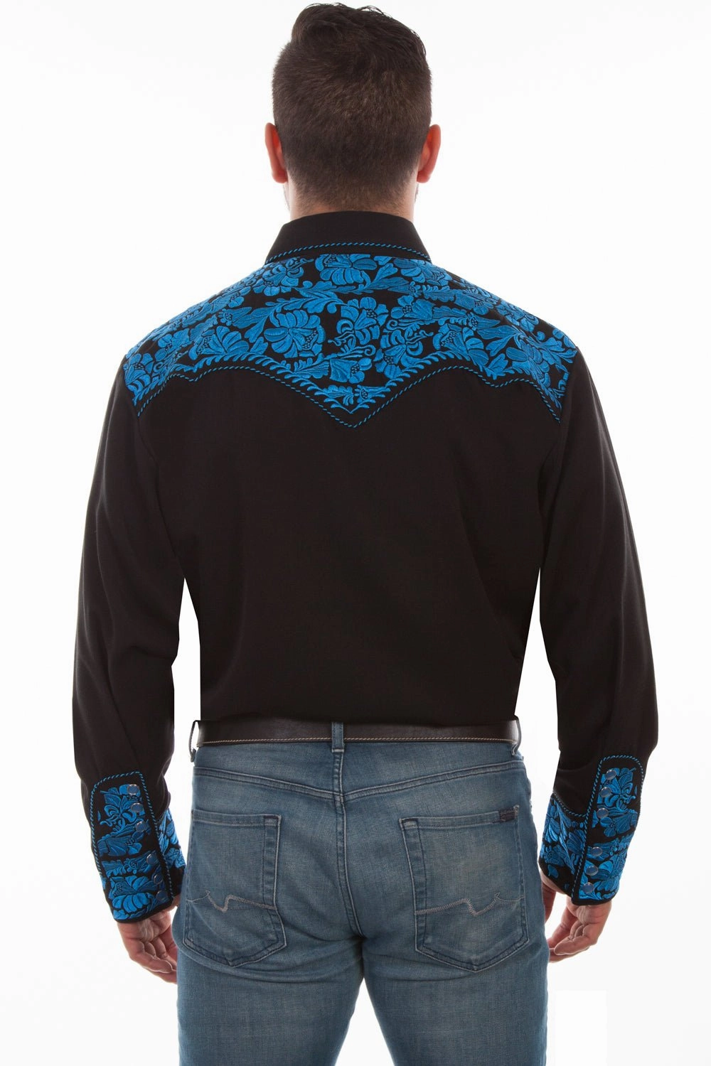 Oversized style Scully Mens Floral Tooled Embroidery Royal Poly/Rayon L/S Shirt