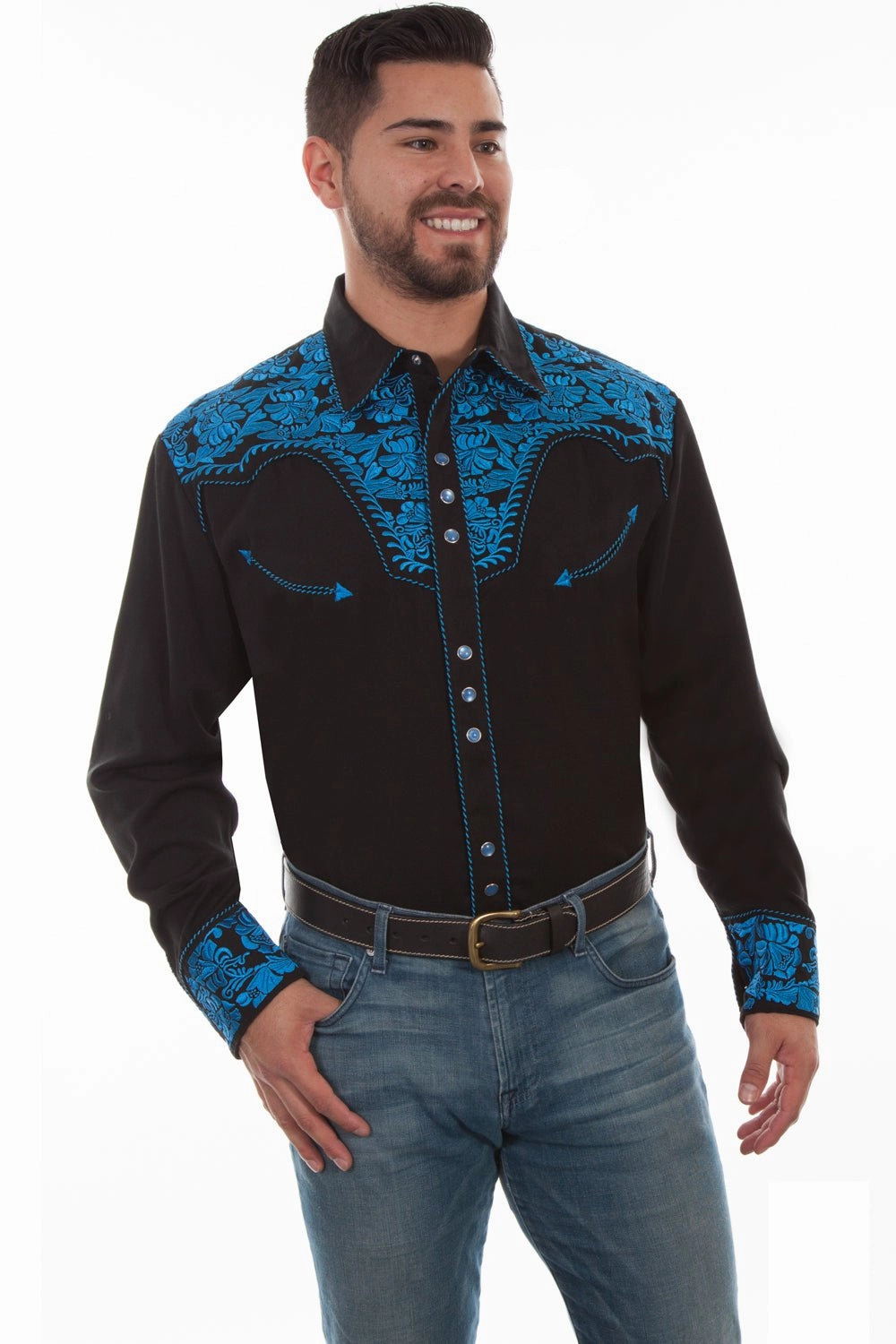 Scully Mens Floral Tooled Embroidery Royal Poly/Rayon L/S Shirt Bold colors Organic Cotton