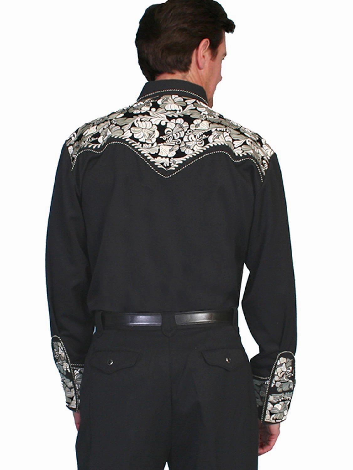 Scully Mens Floral Tooled Embroidery Silver Poly/Rayon L/S Shirt Warm Layers