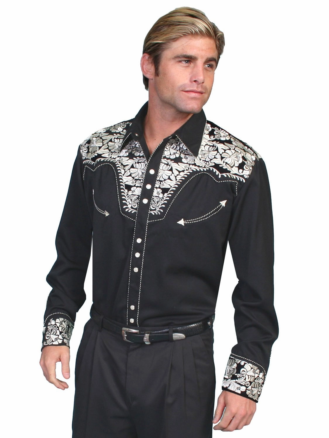 Scully Mens Floral Tooled Embroidery Silver Poly/Rayon L/S Shirt Abrasion resistant