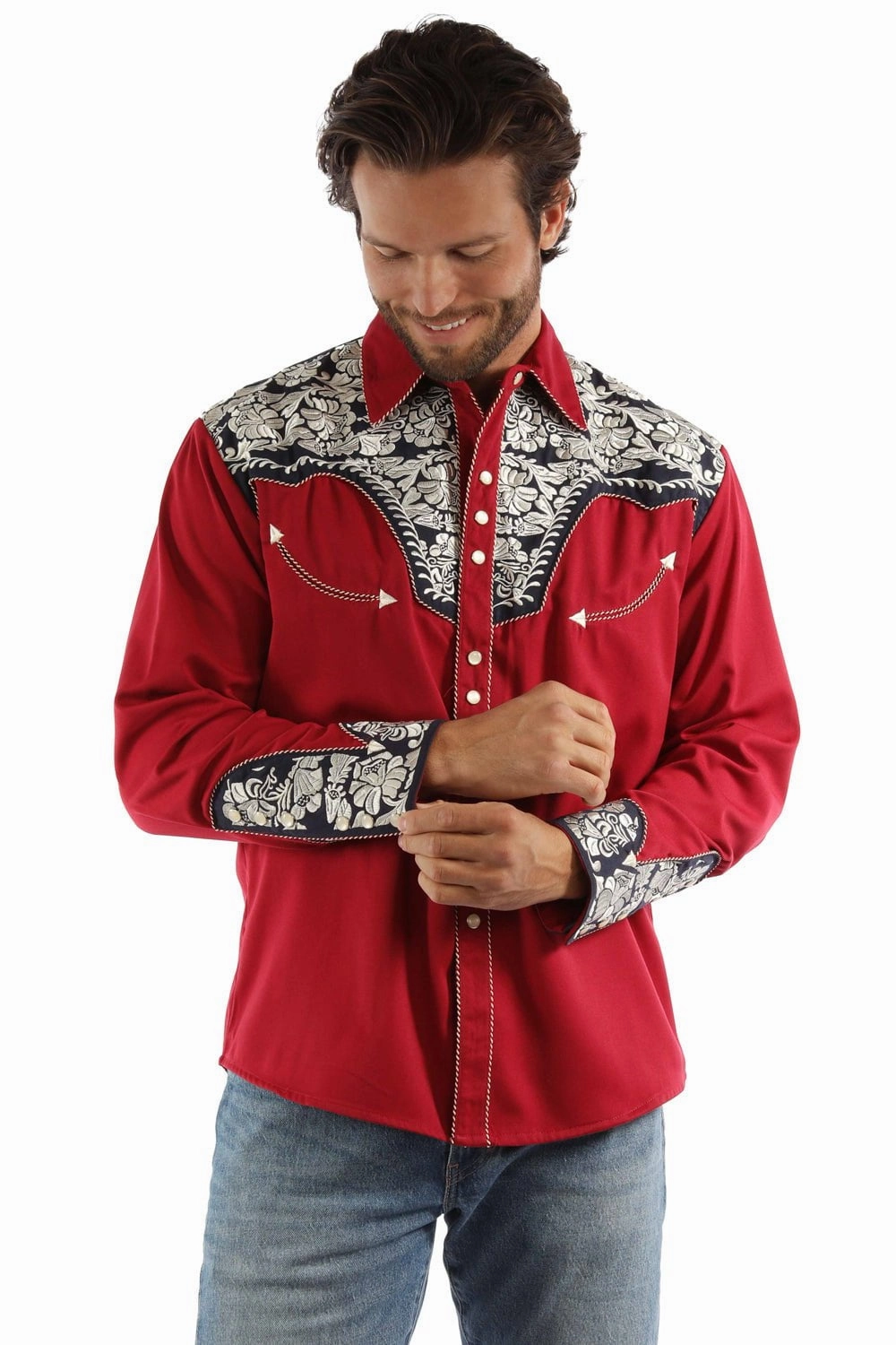 Mountain Escape Scully Mens Floral Tooled Red/White/Blue Poly/Rayon L/S Shirt 4X
