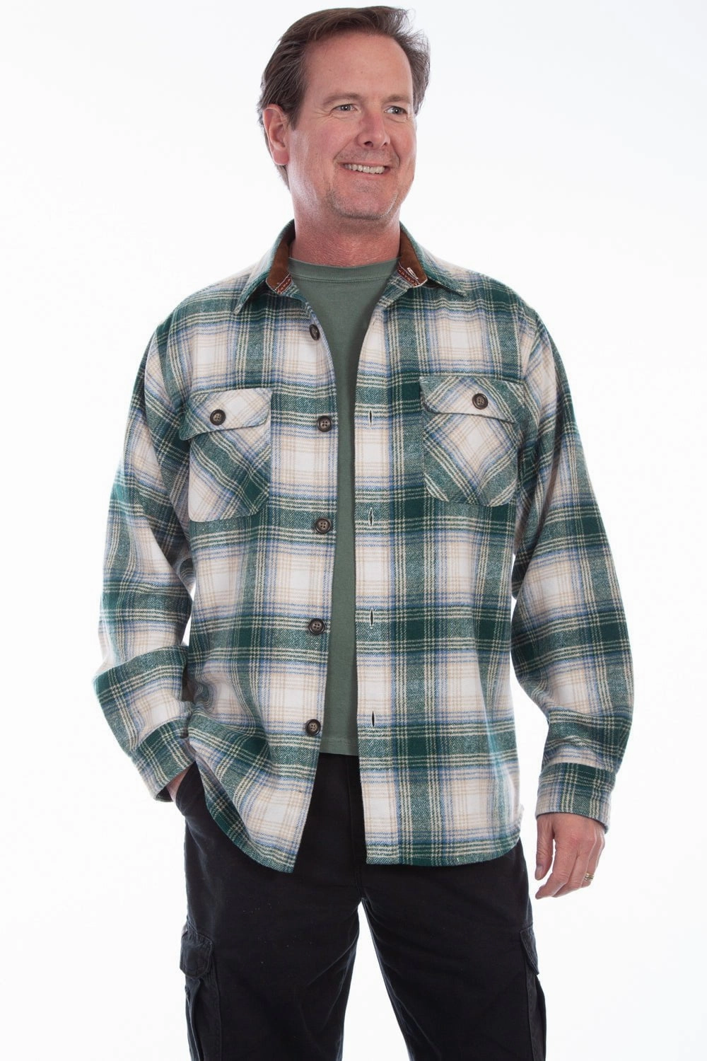 Smooth Texture No Bulk Layering System Scully Mens Green/White 100% Cotton Brawny Plaid L/S Shirt