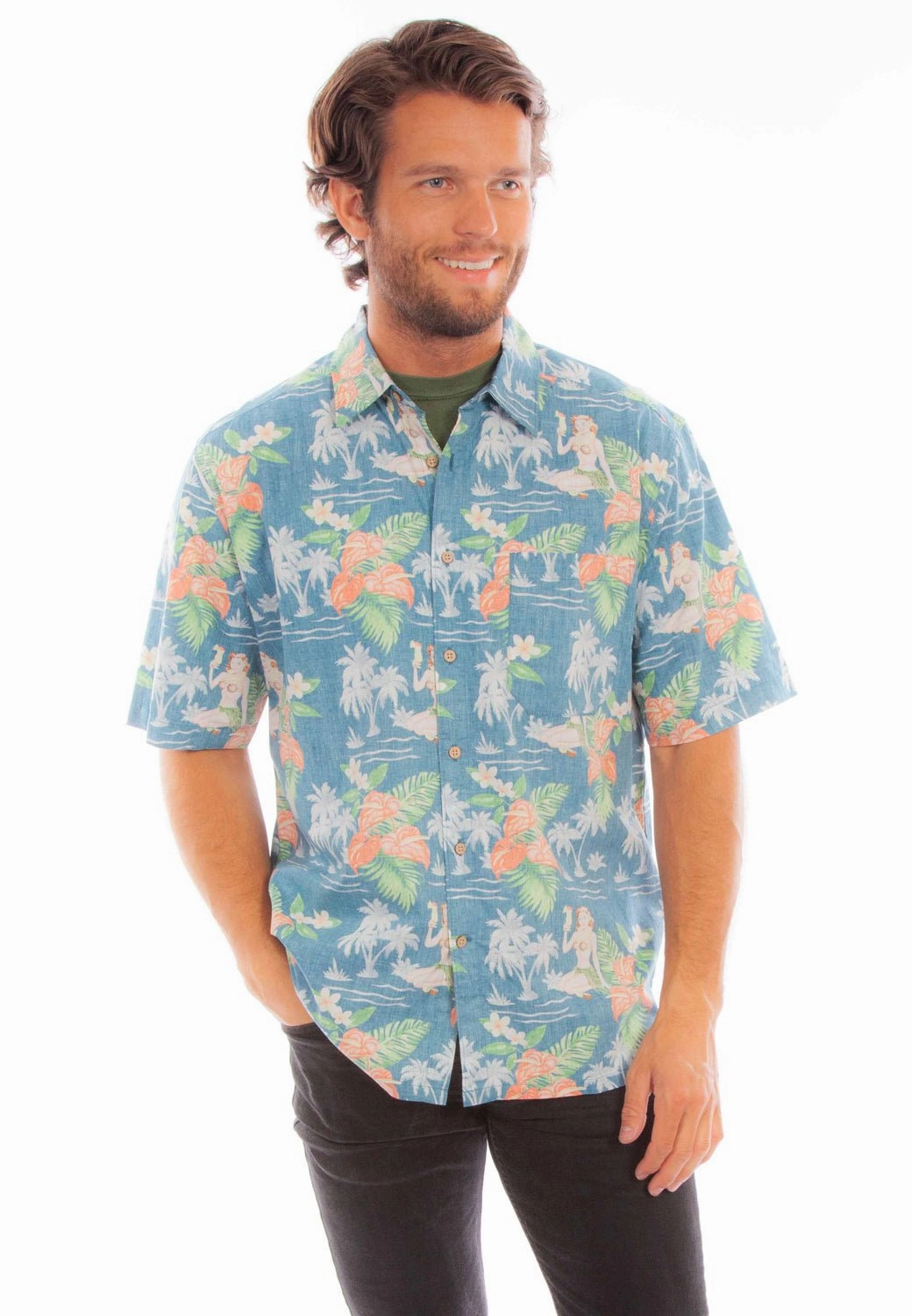 Scully Mens Hawaiian Coconuts Blue 100% Cotton S/S Shirt Trendy Pattern