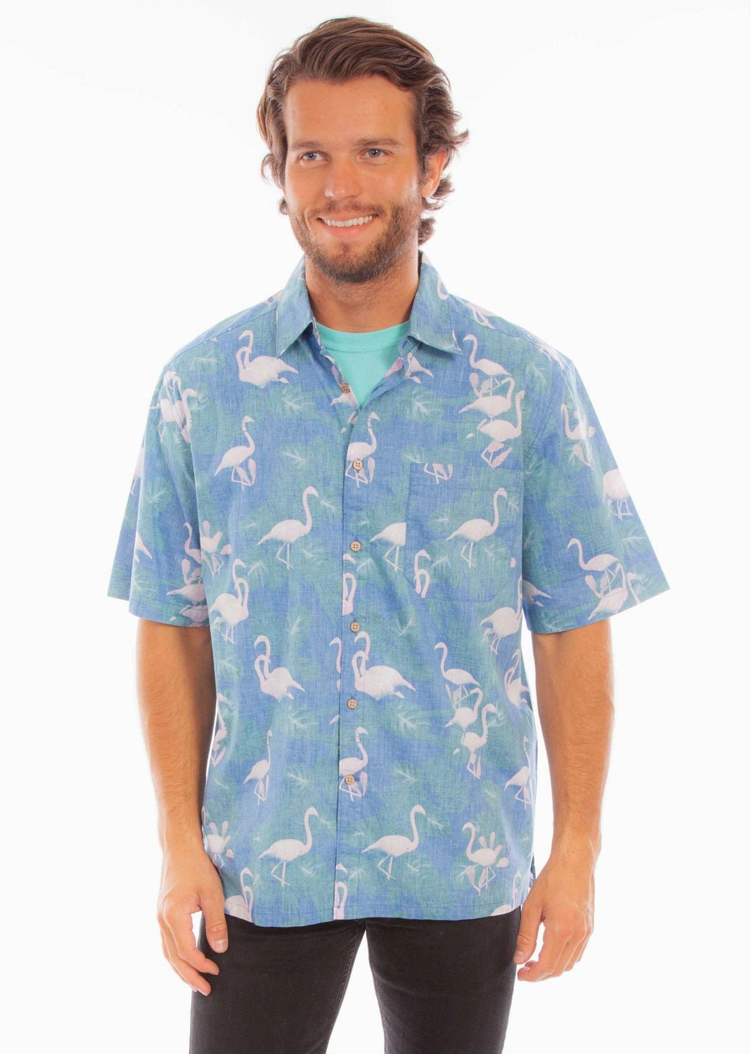Multipurpose Layering Fabric Scully Mens Hawaiian Flamingo Capri Blue 100% Cotton S/S Shirt