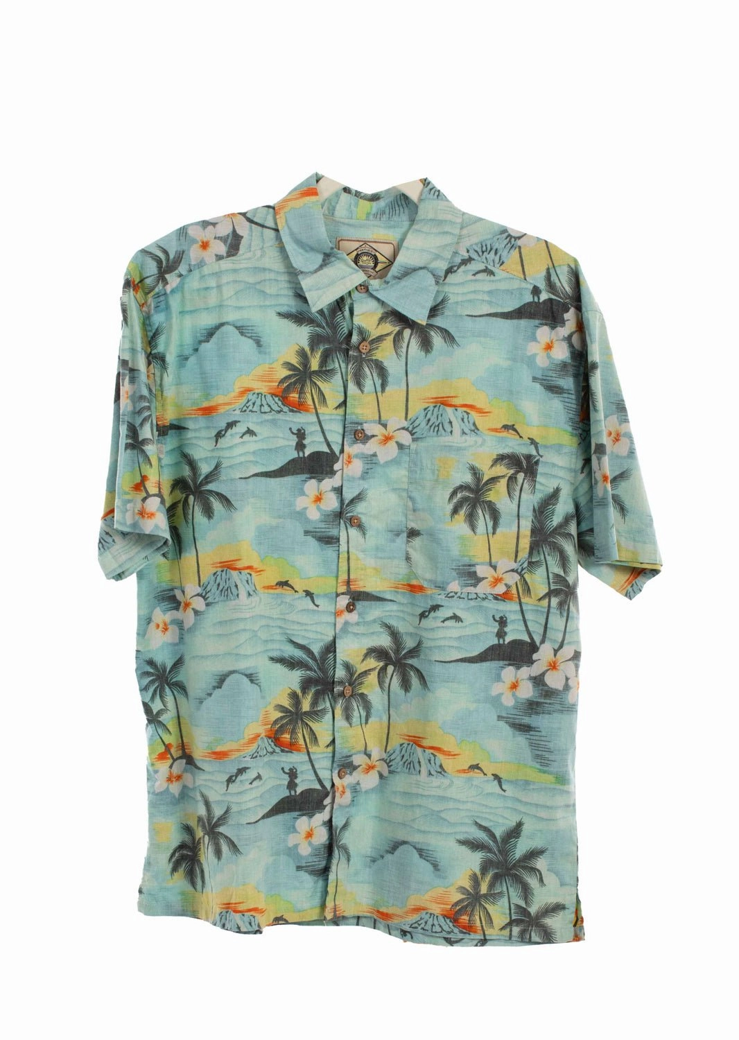 Scully Mens Hawaiian Scenery Aqua 100% Cotton S/S Shirt Layered Look