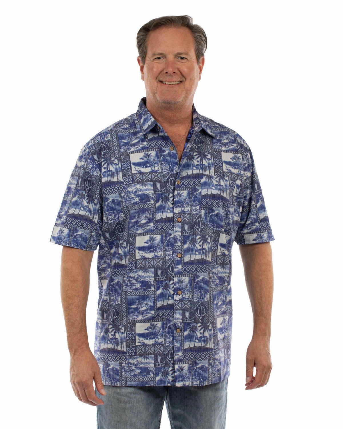 Scully Mens Hawaiian Scenery Blue 100% Cotton S/S Shirt handmade touch