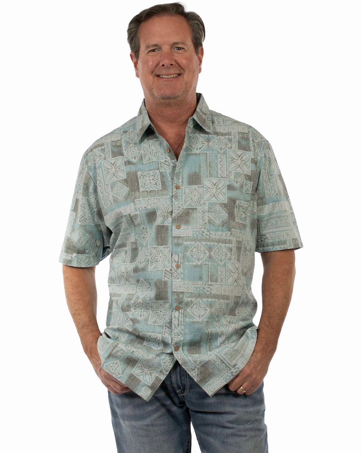 Sustainable Choice Scully Mens Herringbone Hawaiian Islander Aqua 100% Cotton S/S Shirt