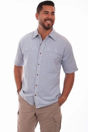 Scully Mens Ice Grey 100% Cotton Sail Away S/S Shirt V-neck style Raw edge