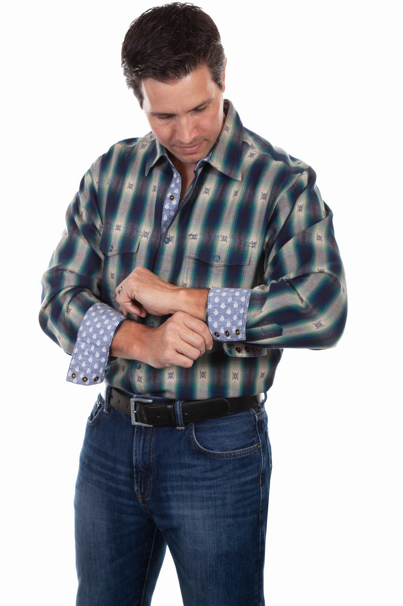 Casual Elegance Subtle Details Scully Mens Indigo 100% Cotton Dobby L/S Shirt