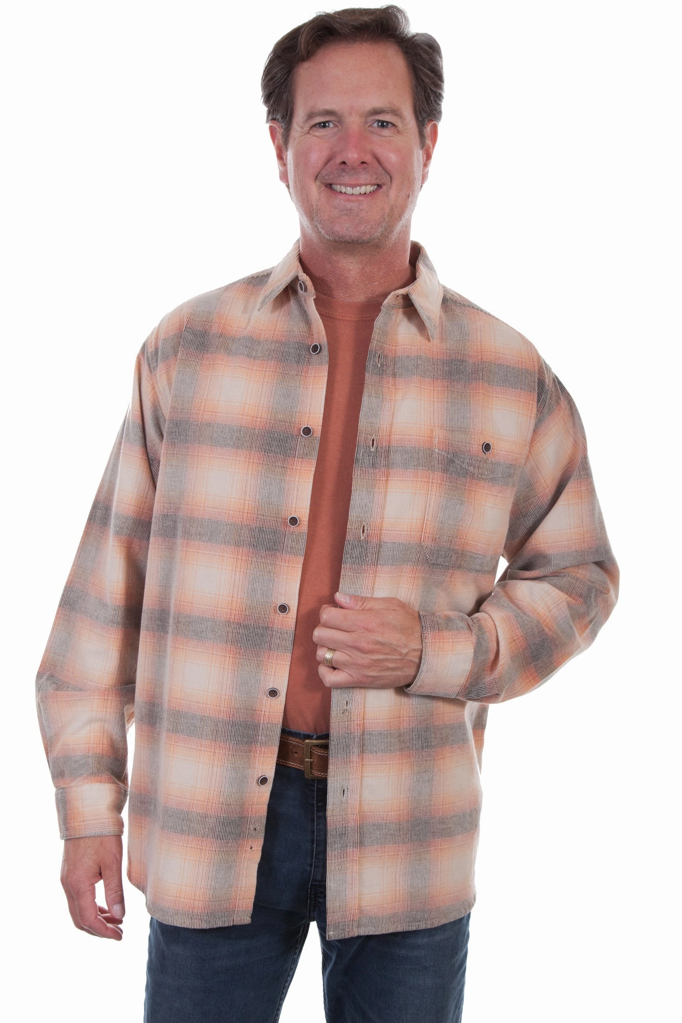Cocktail Party Scully Mens Orange/Black 100% Cotton Cord Plaid L/S Shirt