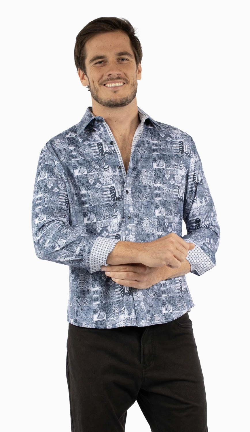 Comfort Stretch Scully Mens Polynesian Dress Blue Poly/Rayon L/S Shirt