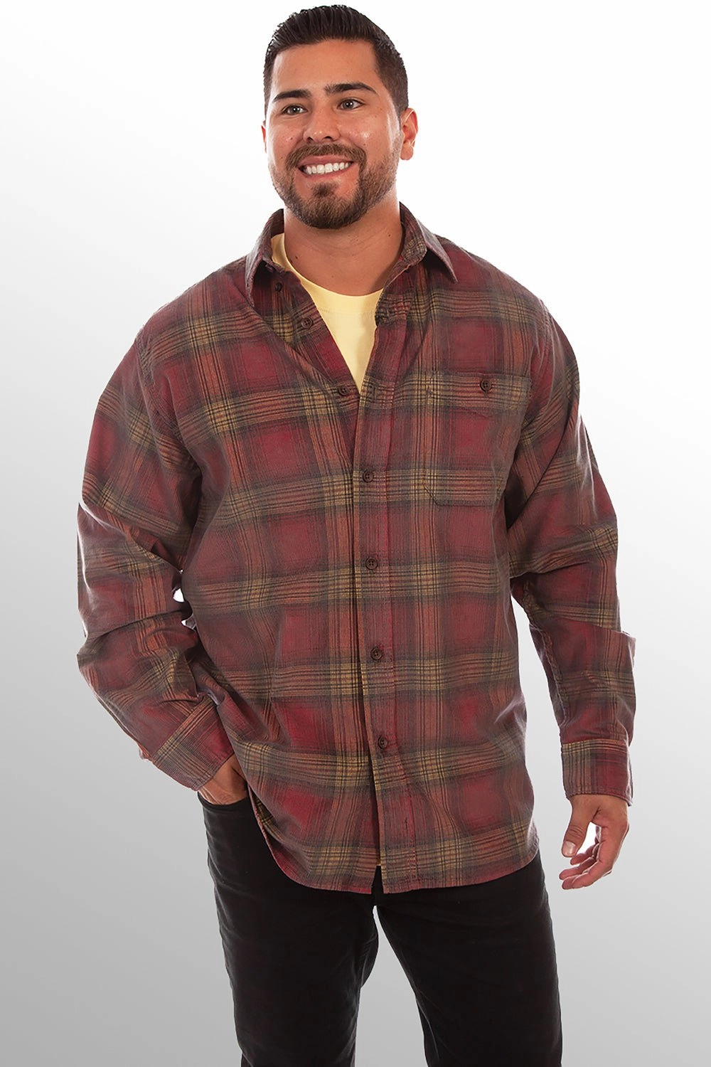 Ergonomic Back Panel Athletic Cut Scully Mens Red/Yellow 100% Cotton Corduroy Plaid L/S Shirt