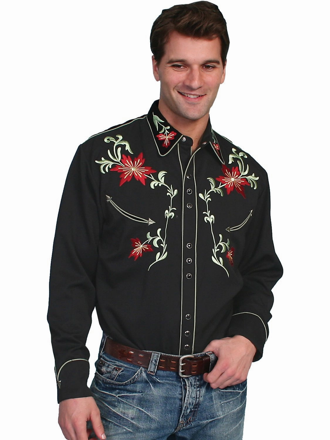 Scully Mens Shirt Western Black Poly Blend Embroidered Floral Arrow L/S High Density Weave Statement Maker