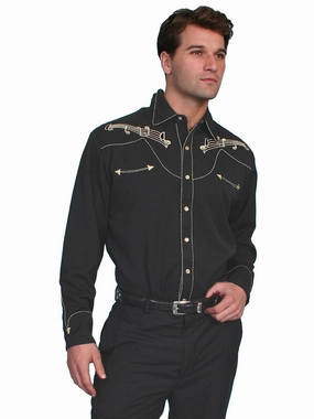 Scully Mens Shirt Western Black Poly Blend Embroidered Music Note Snap L/S Micro Perforated Texture