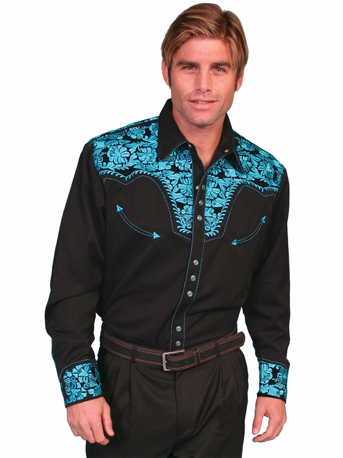 Date night Scully Mens Shirt Western Turquoise Poly Blend Floral Tooled Stitch L/S