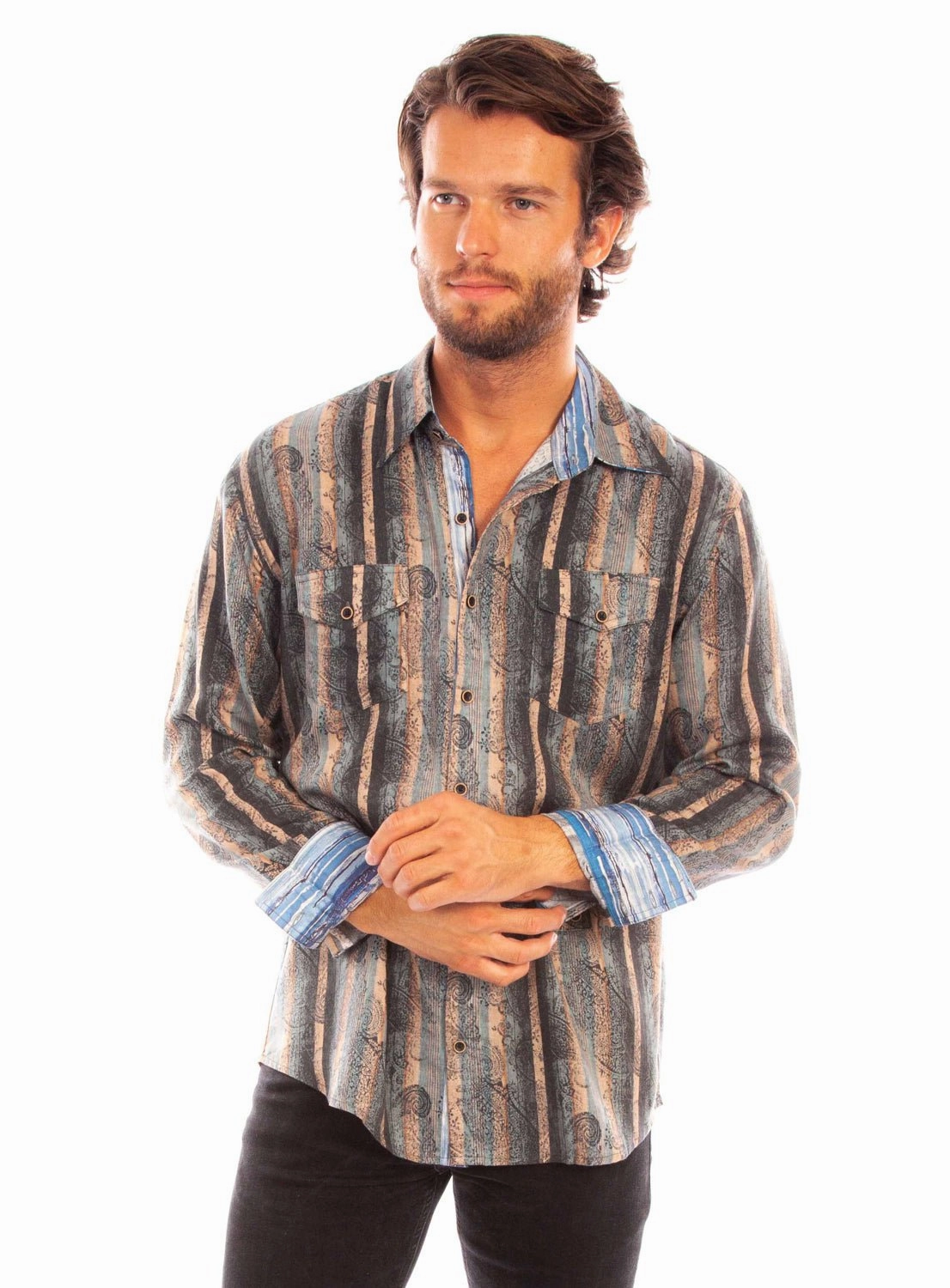 Scully Mens Signature Paisley Stripe Taupe 100% Tencel L/S Shirt Stylish Detail