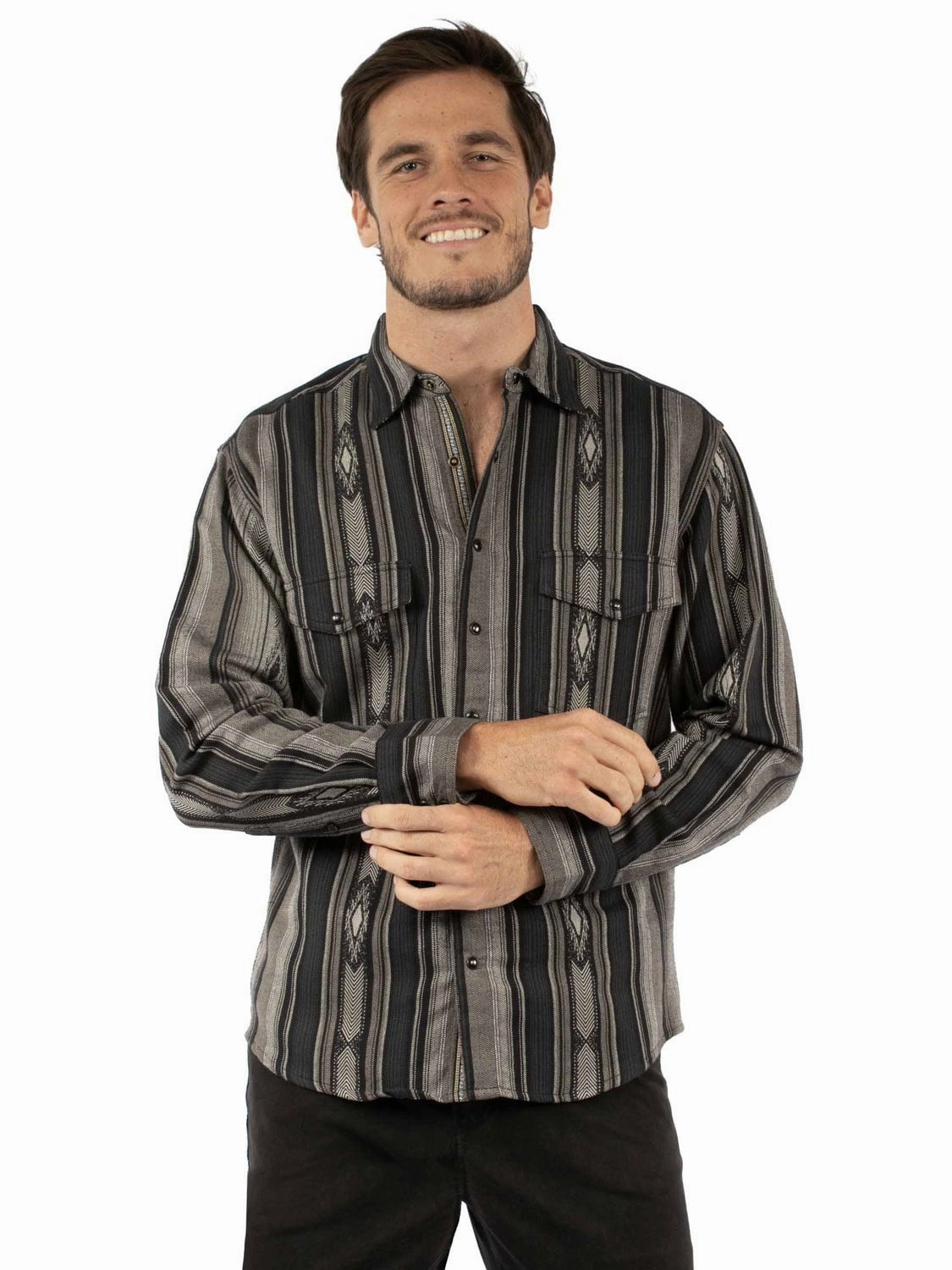 Casual Hangout Scully Mens Signature Stripe Charcoal 100% Cotton L/S Shirt