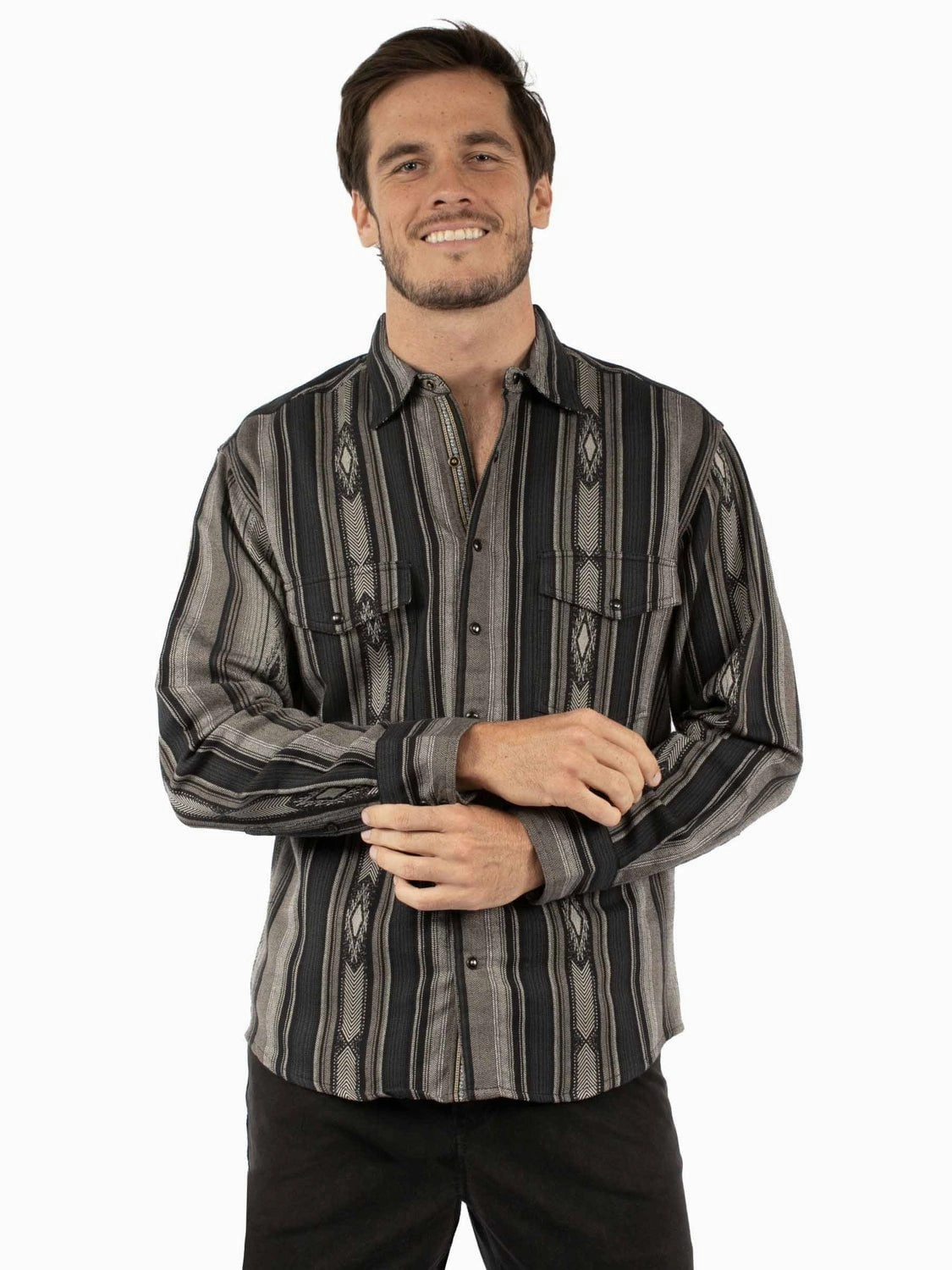 Scully Mens Signature Stripe Charcoal 100% Cotton L/S Shirt Checkered Look