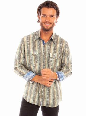 Scully Mens Signature Stripe Earth 100% Tencel L/S Shirt Polo Style