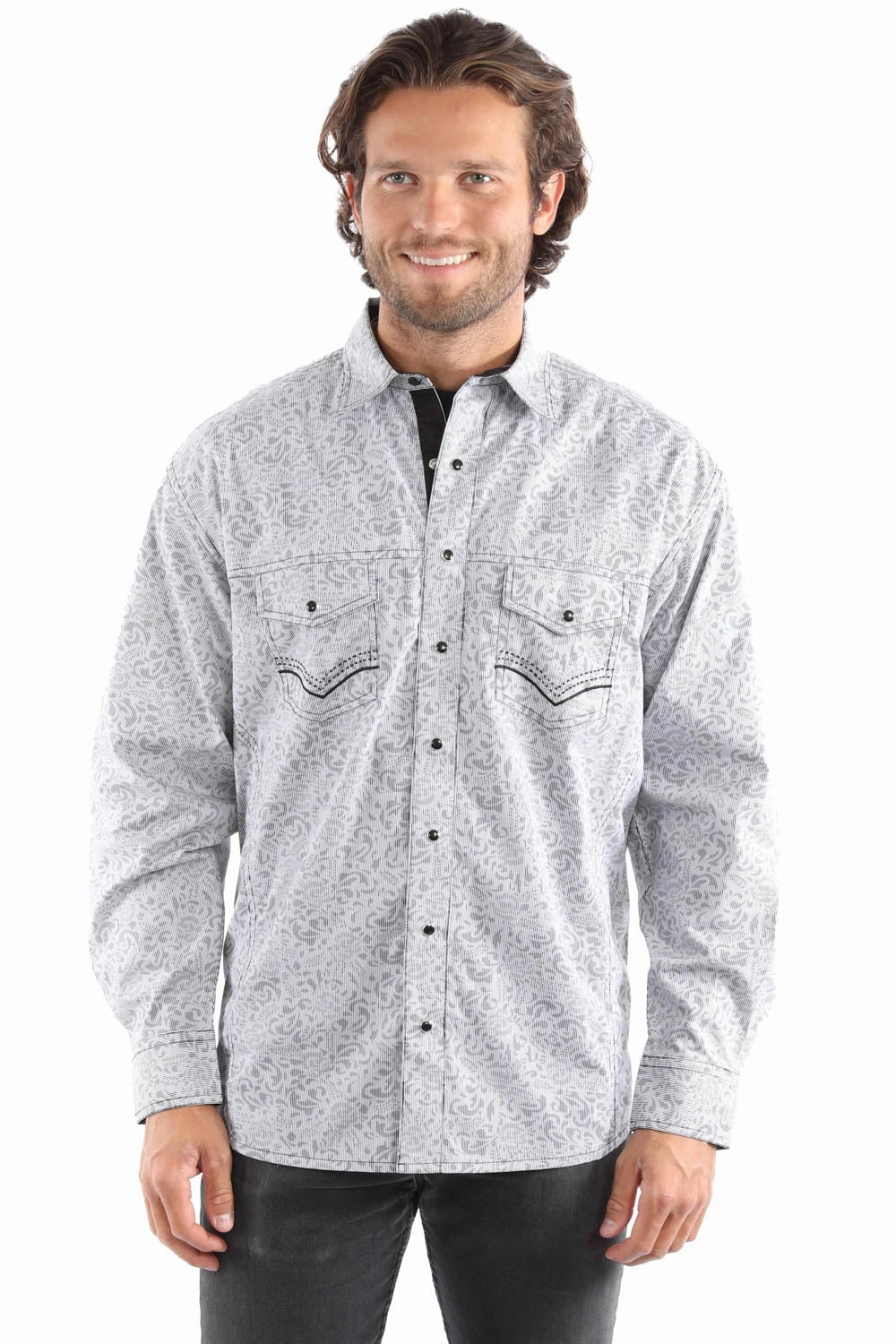 Scully Mens Signature Stripe Pick Stitch Grey 100% Cotton L/S Shirt Outerwear Companion