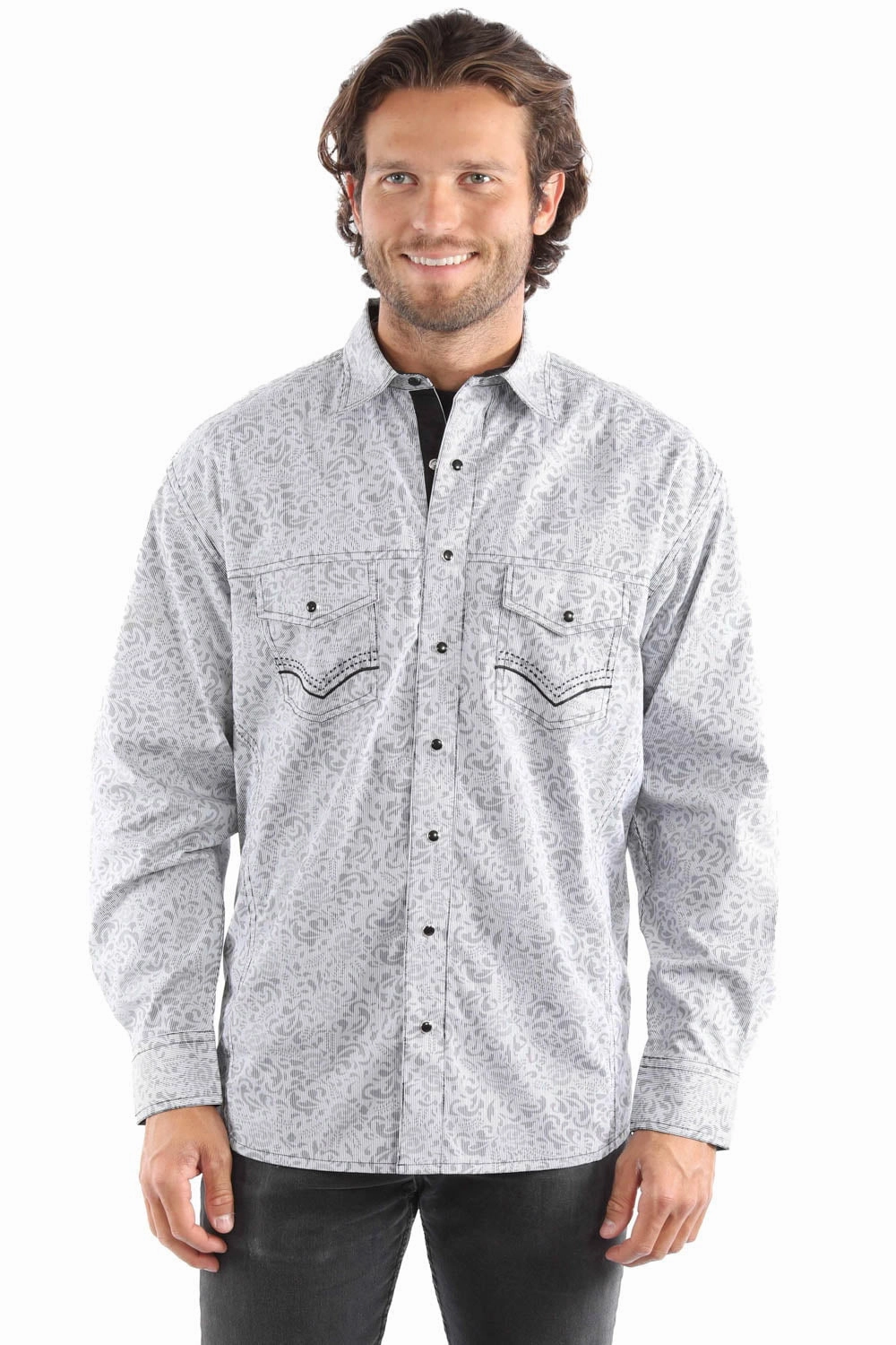 Durable Thread Construction Scully Mens Signature Stripe Pick Stitch Grey 100% Cotton L/S Shirt