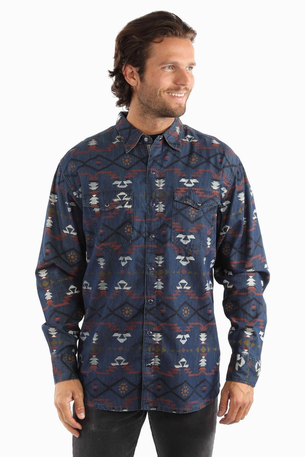 Scully Mens Southwest Aztec Blue 100% Cotton L/S Shirt Easy Care Material