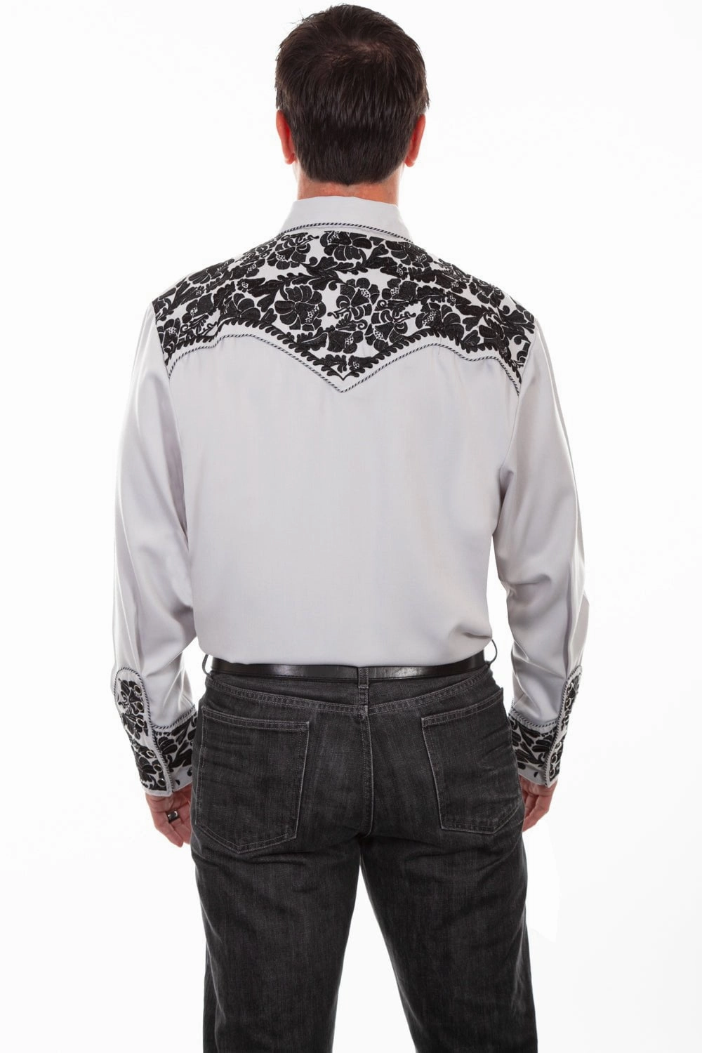 Scully Mens Steel Poly/Rayon Floral Tooled L/S Shirt Embroidered Logo