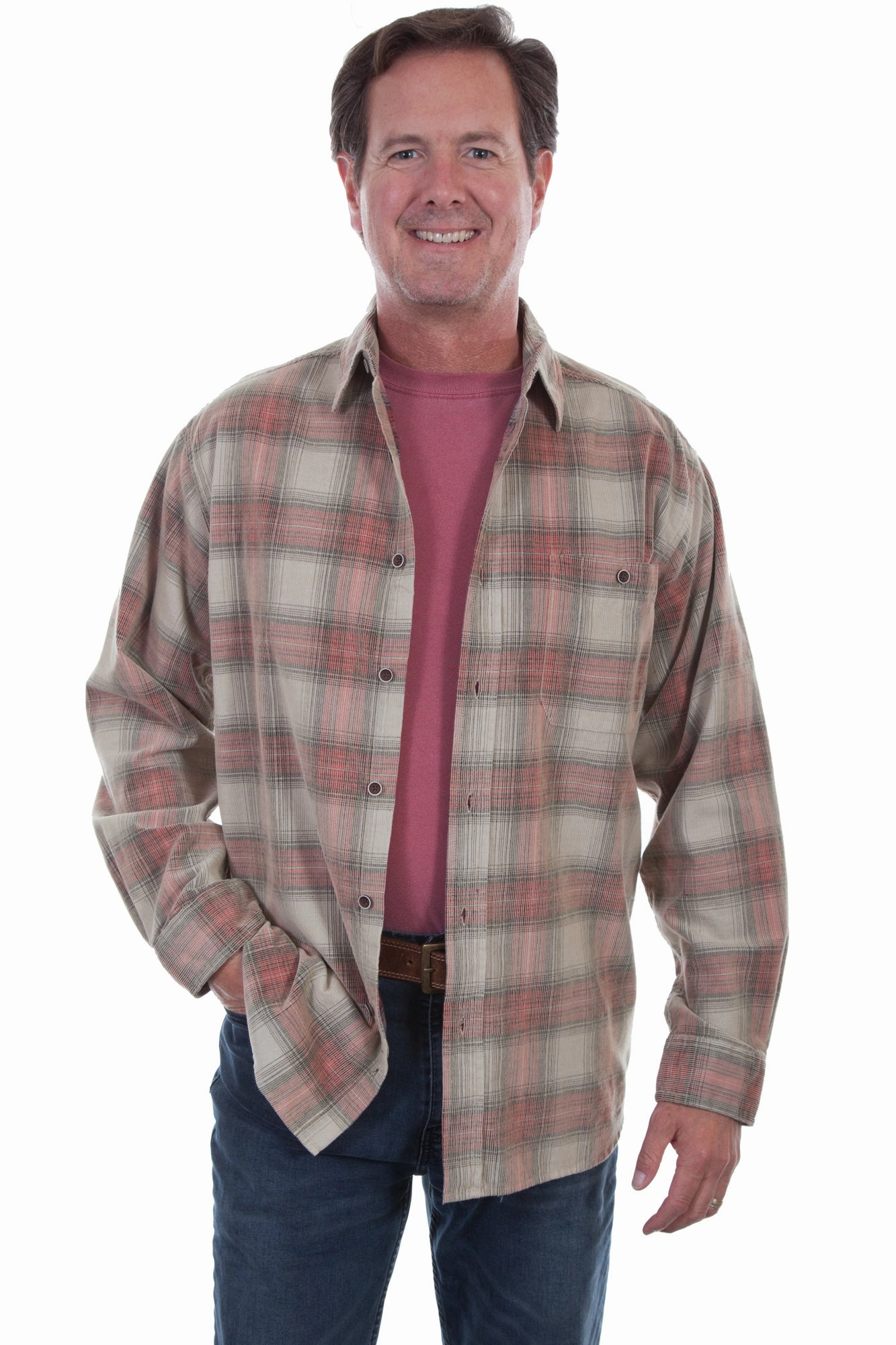 Scully Mens Stone/Red 100% Cotton Cord Plaid L/S Shirt Vibrant Colors