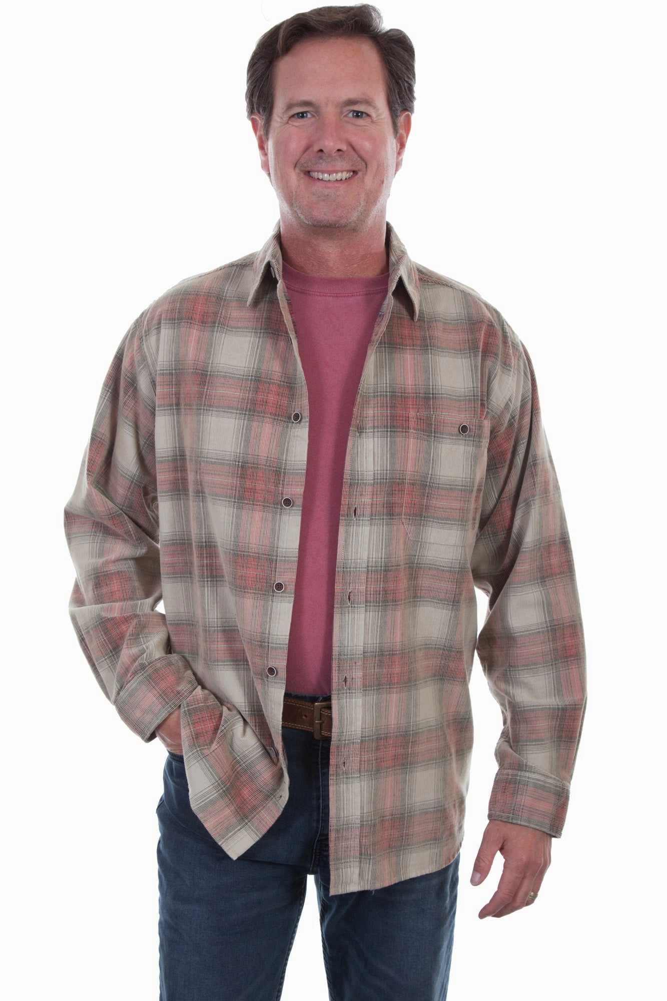 Odor Control Fabric Fall Foliage Scully Mens Stone/Red 100% Cotton Cord Plaid L/S Shirt