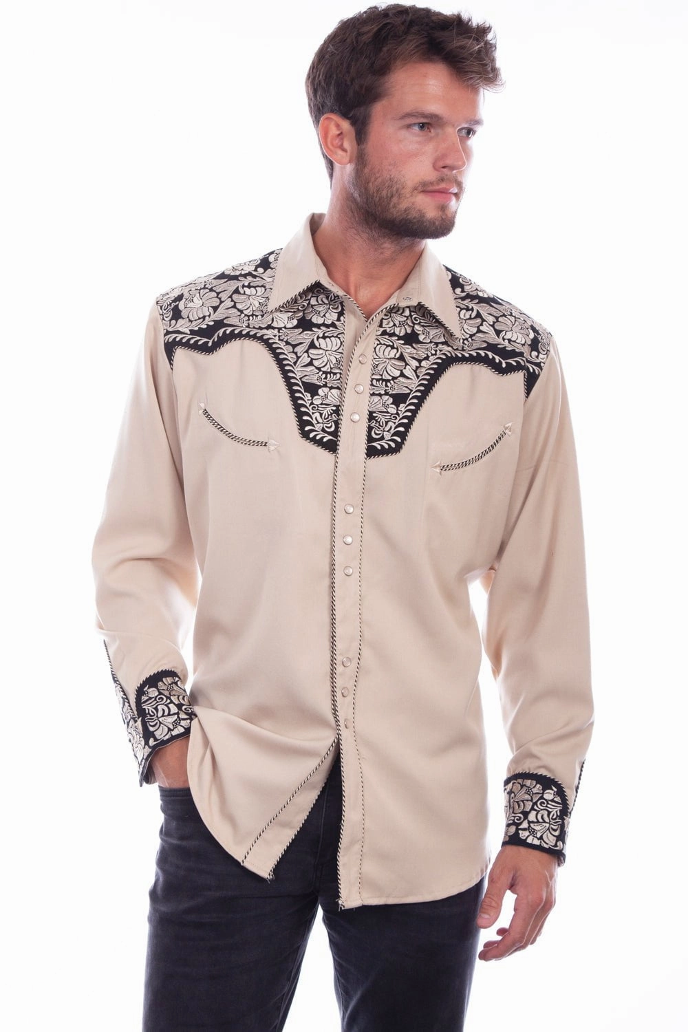 Scully Mens Tan/Black Polyester Tooled Floral L/S Shirt Wrinkle-Free