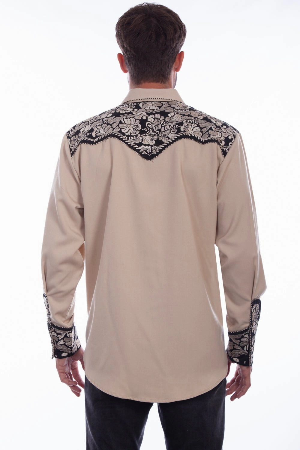 Daytime Look Scully Mens Tan/Black Polyester Tooled Floral L/S Shirt