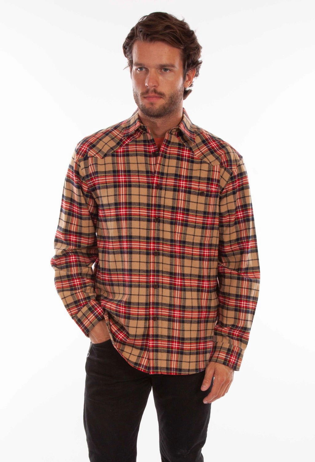 crew neck Scully Mens Tan/Red 100% Cotton Plaid L/S Shirt