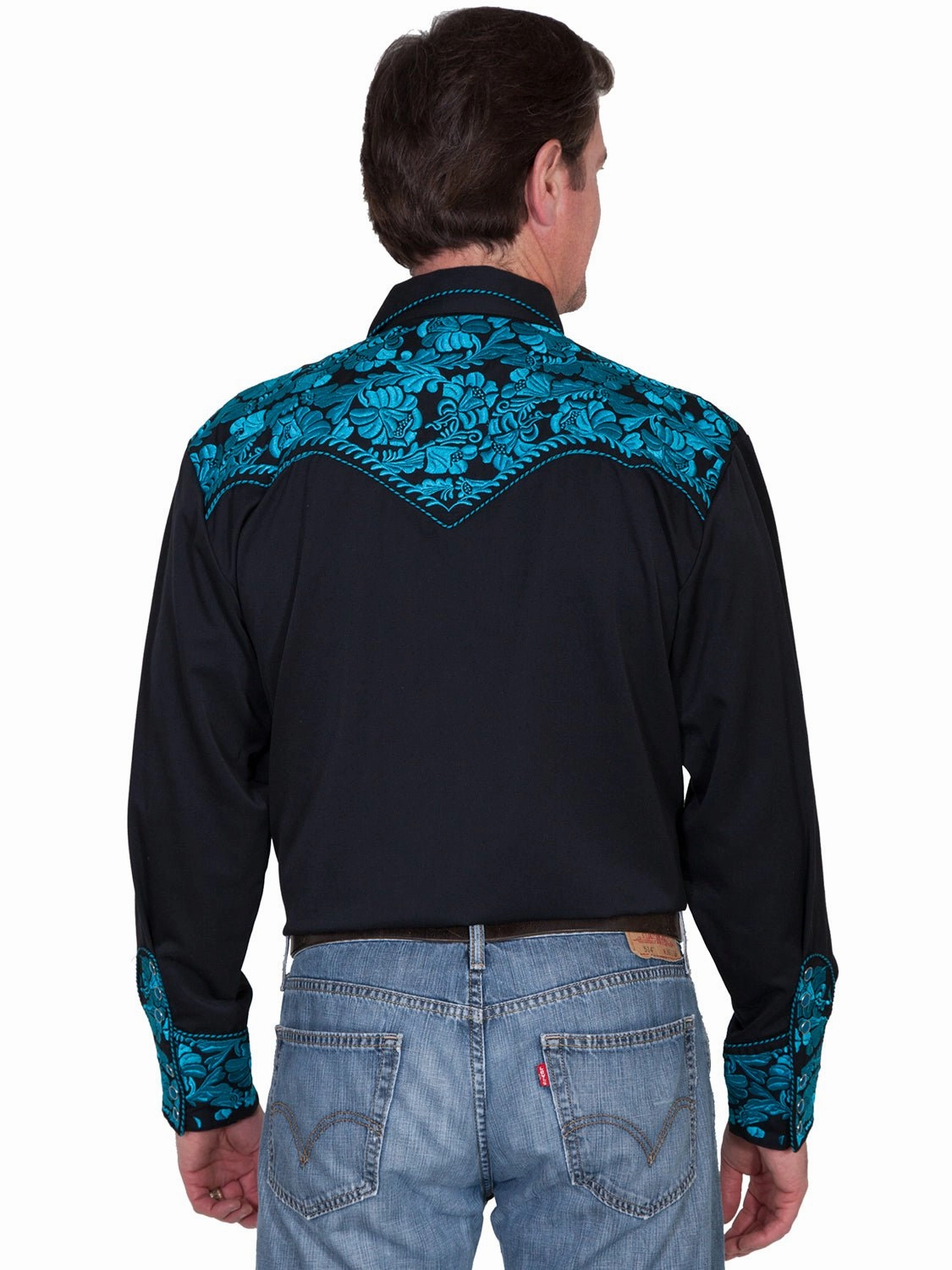 Scully Mens Turquoise Poly/Rayon Tooled Floral L/S Shirt Business Meeting