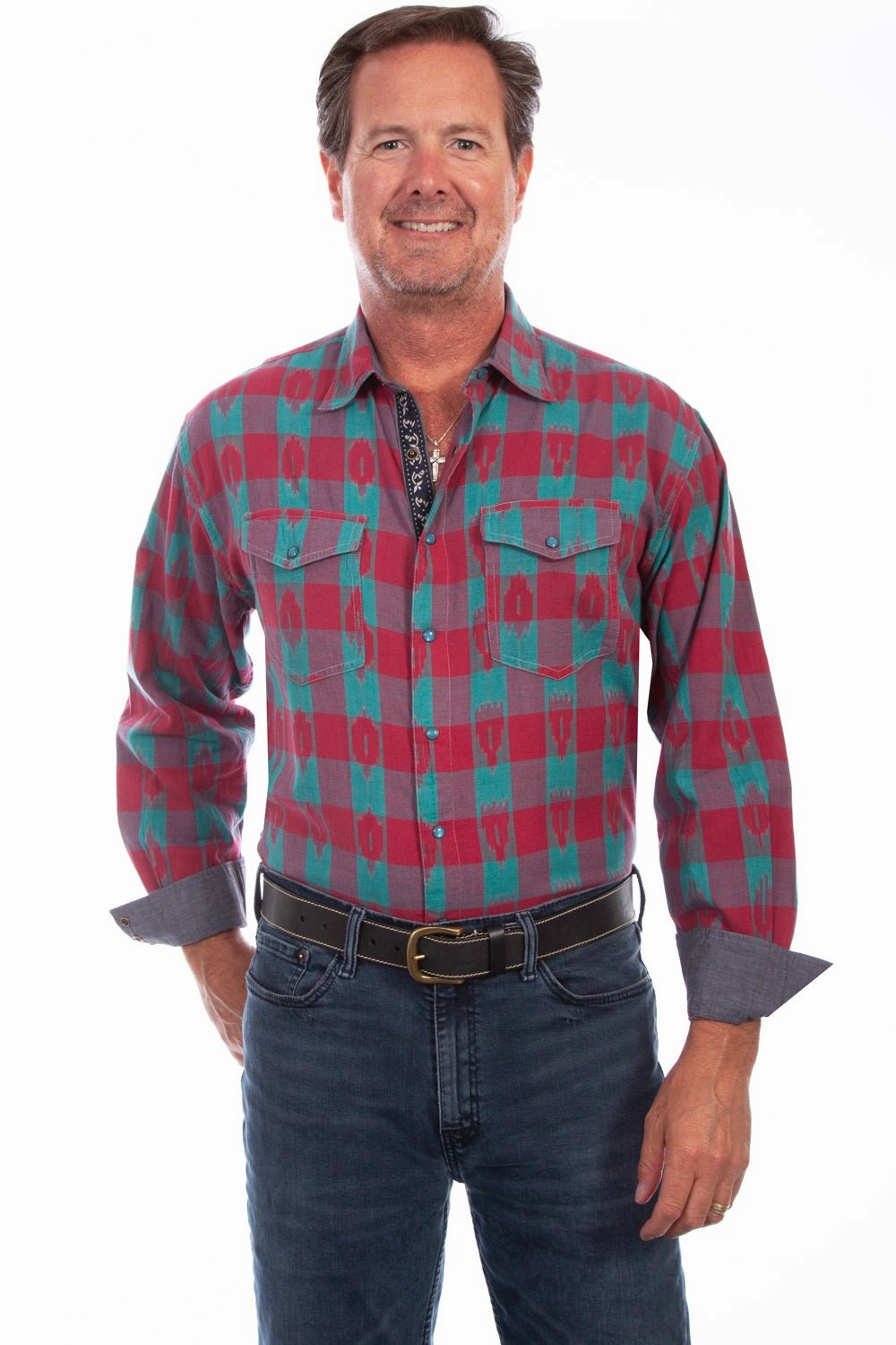 Scully Mens Turquoise/Red 100% Cotton Signature Check L/S Shirt Double Needle Hemming
