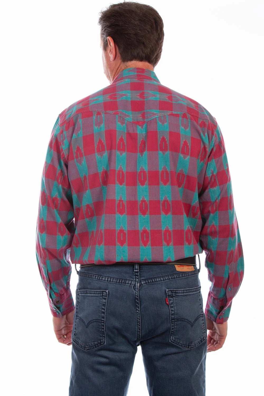 Scully Mens Turquoise/Red 100% Cotton Signature Check L/S Shirt Holiday Style