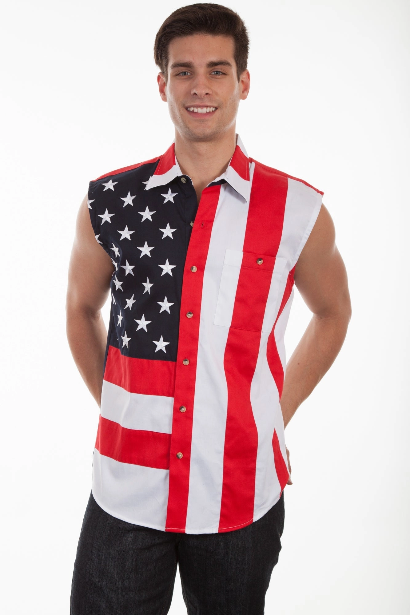 Tropical theme Anti Odor Treatment Scully Mens USA Flag 100% Cotton Cutoff S/L Shirt