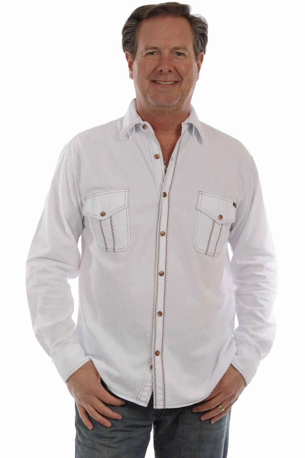 Flexible Shoulder Construction Anti Cling Fabric Scully Mens Western Contrast Stitching White 100% Cotton L/S Shirt