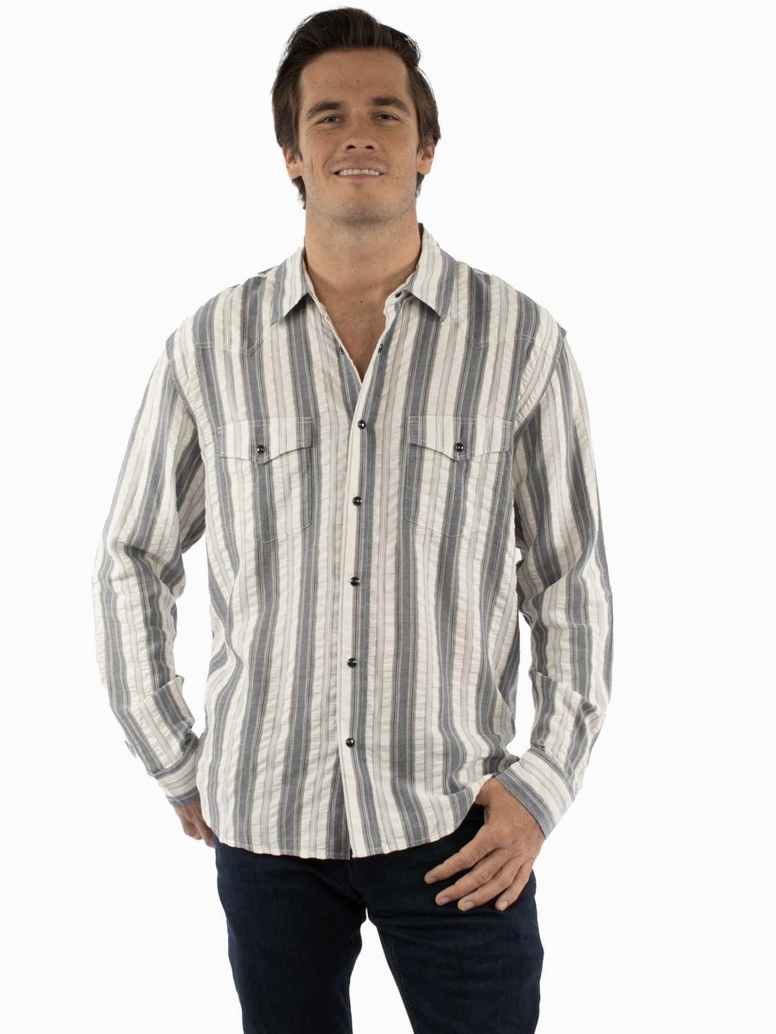 Scully Mens Western Stripe Seersucker Blue 100% Cotton L/S Shirt Multipurpose Utility Customizable Design