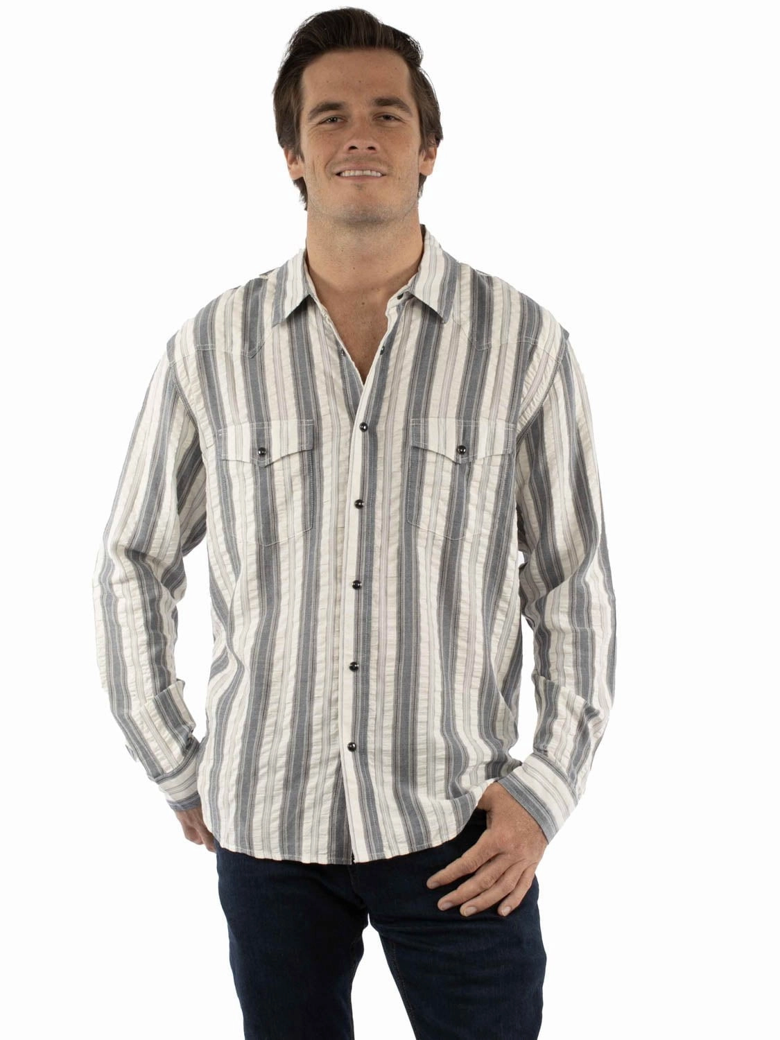 Spring Trend Stretchable Material Scully Mens Western Stripe Seersucker Blue 100% Cotton L/S Shirt