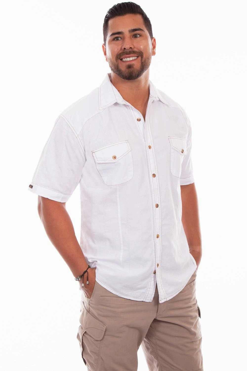 Loose style Scully Mens White 100% Cotton Beechwood S/S Shirt