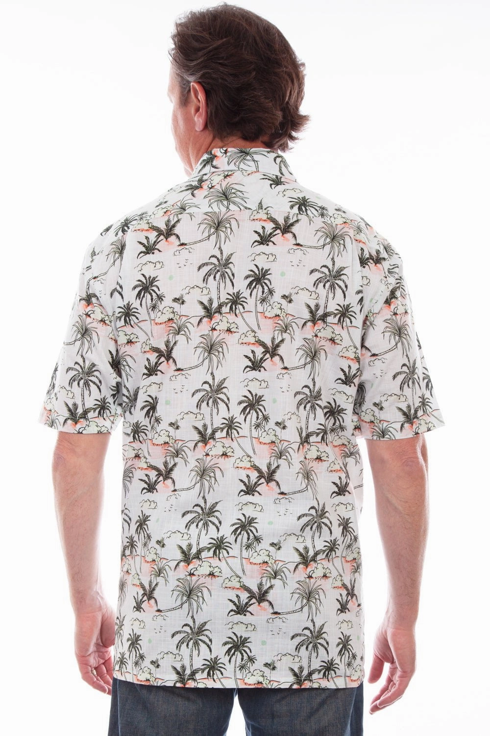 Scully Mens White 100% Cotton Hawaiian Palm S/S Shirt Easy Care Material