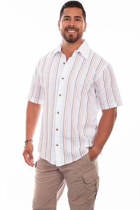 Wedding guest Scully Mens White 100% Cotton Quartz Stripe S/S Shirt