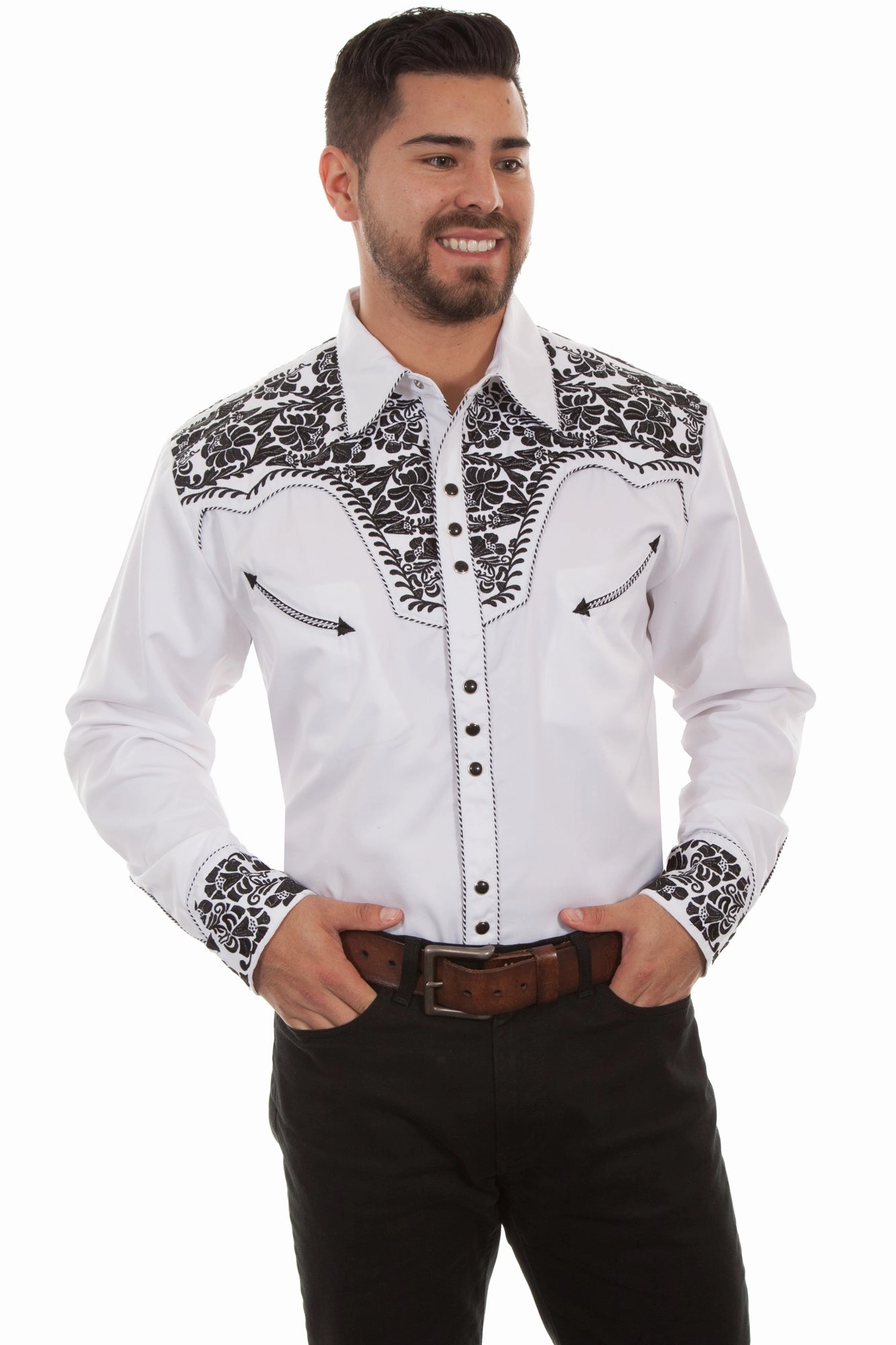 Compact Packing Abrasion Resistant Edging Scully Mens White/Black Poly/Rayon Tooled Floral L/S Shirt M